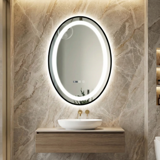 Oglinda LED FIGRO 50x70CM Rama Neagra, Functie Dezaburire, Ceas, Touch, 3 Lumini