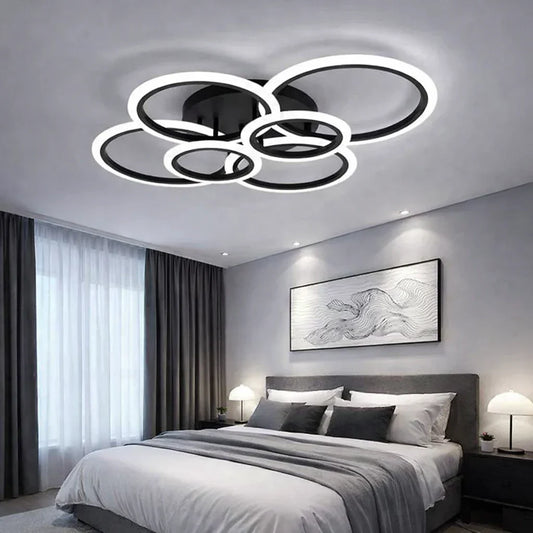 Lustra LED tavan 4+2 cercuri neagra, cu telecomanda, echivalent 600W, design modern living