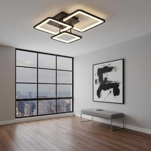Lustra LED tavan Three Square neagra, cu telecomanda, echivalent 400W, design patrat modern
