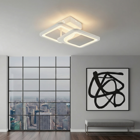 Lustra LED tavan 1+1 patrat alba, cu telecomanda, echivalent 300W, lustra moderna 40cm